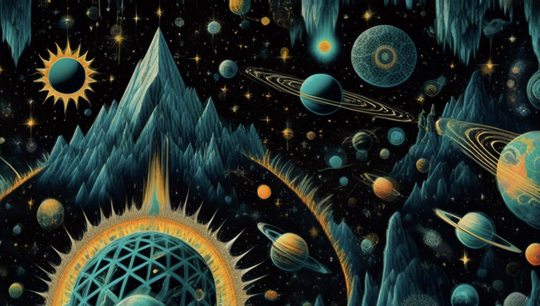 Surreal psychedelic cosmic landscape with glowing pyramids, celestial orbs, geometric prisms, and interstellar pathways set in a dreamlike outer space environment